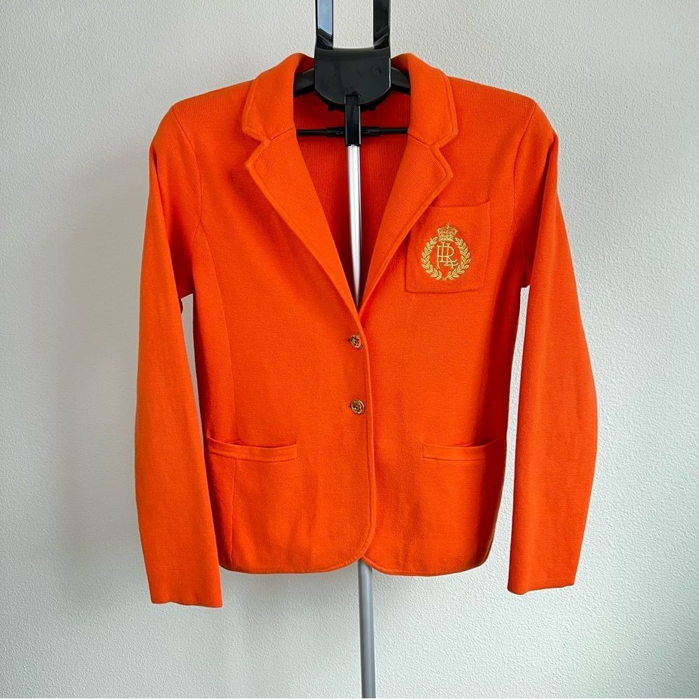 Lauren Ralph Lauren Orange Knit Blazer Cardigan Old Money Gold Buttons Women M‎